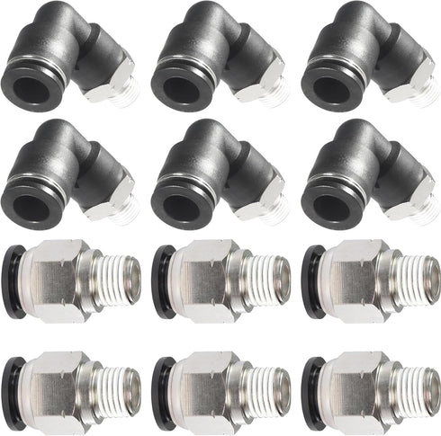 PNEUMATIC Elbow and Straight Combination Push to Connect Fittings, 1/2 Inch Tube OD x 1/4 NPT Thread (Pack of 12)