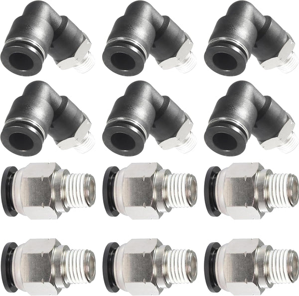 PNEUMATIC Elbow and Straight Combination Push to Connect Fittings, 1/2 Inch Tube OD x 1/4 NPT Thread (Pack of 12)