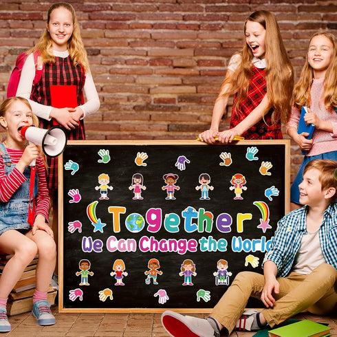 Together We Can Change The World Classroom Bulletin Board Set, Hands with Hearts, Diverse Children Cutouts