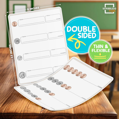 SCRIBBLEDO Coin Practice, 9”x12” Small White Board Dry Erase Sheets, Math Manipulatives for 2nd Grade Money Learning,