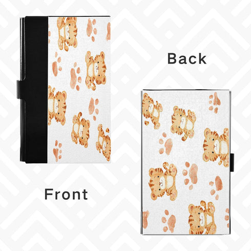 OTVEE Baby Tiger and Paw Print Pattern Business Card Holder Wallet Stainless Steel & Leather Pocket Business Card Case