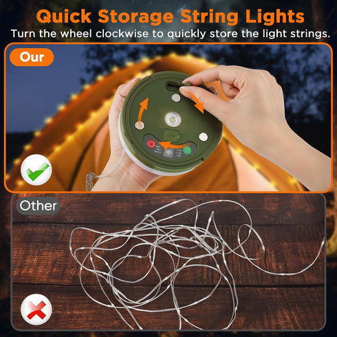 33FT 3000 4 1 9 Retractable Camping String Lights, mAh Rechargeable in Tent Lights String with Modes, Outdoor Portable