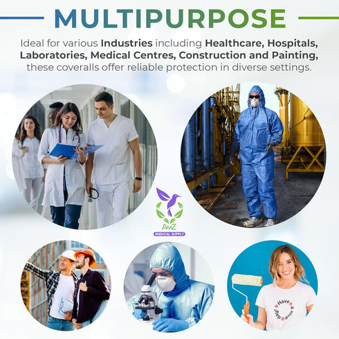 Pack 5, 50 AMZ Medical Supply Disposable Coveralls with Hood, Medium, Blue, of GSM SMS Fabric, Front Zipper, Elastic