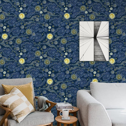 Modern Impressionist Art Peel and Stick Wallpaper, 17.71in X 118.1in Self Adhesive Removable WallPaper Abstract Starry Sky Contact Paper Waterproof Decorative Vinyl Wallpaper for Bedroom Living Room by COKCOKR