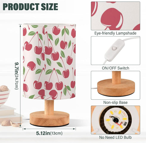 YYZZH Table Lamp Vintage Cherry Pattern on Pink Nightstand Lamp with Wood Base Fabric Lamp Shade Bedside Desk Lamp