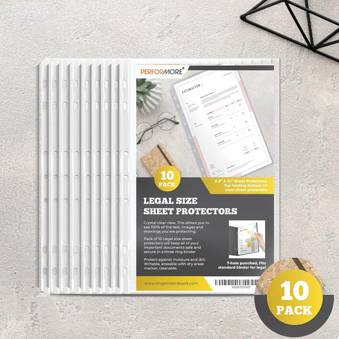 Performore 10 Pack of 8.5 x 14 Legal Size Heavyweight Clear Sheet Protectors | Plastic Legal Paper Sleeves for Binders