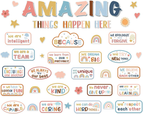 Boho Affirmation Station Bulletin Board, Pastel Amazing Things Happen Here Mental Health Posters for Classroom