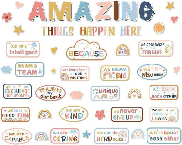 Boho Affirmation Station Bulletin Board, Pastel Amazing Things Happen Here Mental Health Posters for Classroom
