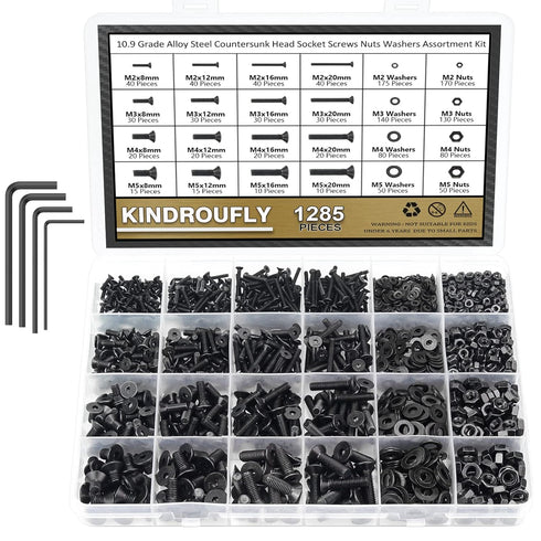 1285 Pieces M2 M3 M4 M5 Screws Nuts Washers Assortment Kit, Metric Screw Set, Fully Machine Thread (Black)