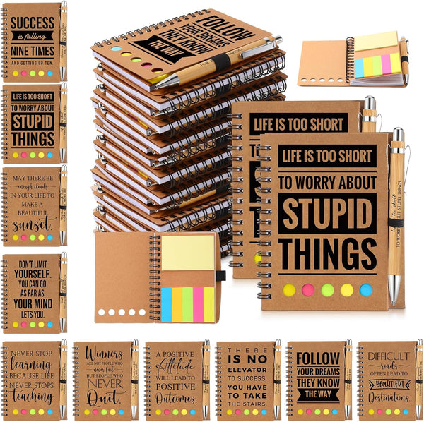 Yeaqee 30 Set Inspirational Gifts, Spiral Notebooks with Sticky Notepads, Motivational Bamboo Ballpoint Pens, Back to