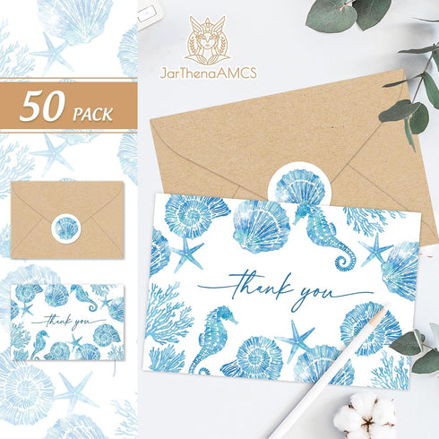 50 Packs Summer 4 6 Inch JarThenaAMCS Ocean Thank You Cards Greeting Cards Blue Under The Sea Seashell Seahorse Blank