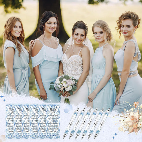 Sayglossy 50 Sets Blue Bridal Shower Bow Pens Wedding Thank You Gifts for Guests Blue White Floral Ballpoint Pens