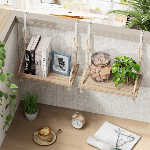 YOYUTOX 2 Pack 11.8" Fabric Wall Cubicle Shelf, Wooden Hanging Cubicle Shelf Organizer with Hooks, Dual Mounting