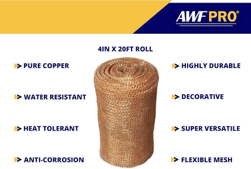 AWF PRO Copper Mesh for Pest Control, 4" x 60', Pack of 3, Rust and Bacteria Resistant for Homes and Gardens