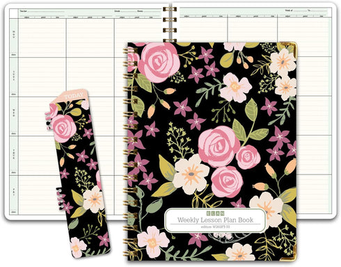 Elan Publishing Company HARDCOVER Teacher Lesson Plan Book with Bonus Clip-in Bookmark (Black Floral)