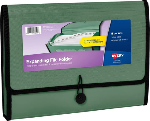 Avery Expanding File Folder Organizer - 13-Pocket Accordion Organizer, Sage, Holds 425 Letter/A4-Size Sheets (73555)