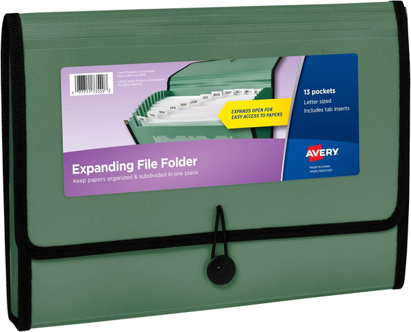 Avery Expanding File Folder Organizer - 13-Pocket Accordion Organizer, Sage, Holds 425 Letter/A4-Size Sheets (73555)