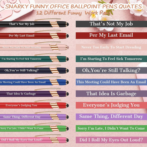 Snarky Funny Office Pens,12 Pcs Negative Sarcastic Hilarious Quotes Work Ballpoint Pens with Stylus Tip for Colleague Co-workers Gift Black Ink (Style 1, 12) by Allfosi