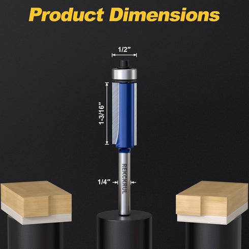 Set, 1/4 Inch Trimming, 1-3/16", 1/2" Professional Flush Trim Router Bit Shank Bottom Bearing, Carbide Tipped