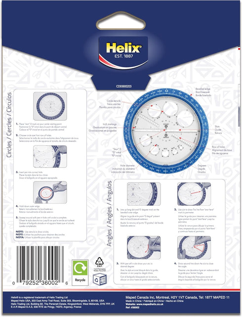 Helix Angle and Circle Maker with Integrated Circle Templates, 360 Degree, 6 Inch / 15cm, Assorted Colors