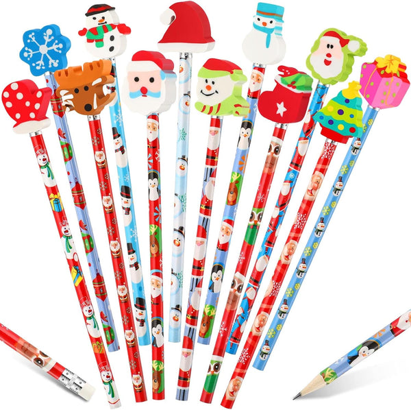 Christmas Pencils with Eraser Toppers - Multicolored Wooden Snowman Santa Claus for Kids Classroom Supplies