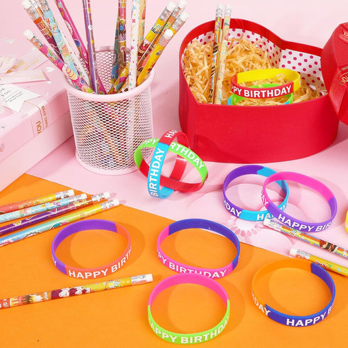 JUNEBRUSHS 72pcs Silicone Wristbands Happy Birthday Rubber Bracelets Pencils Set Bulk Party Favors for Kids Teachers