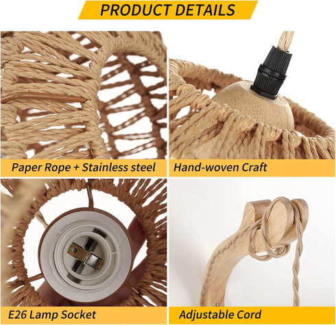 Frideko Rattan Wall Lamp with Plug in Cord Hand Woven Plug in Wall Sconces Paper Rope Wall Light Farmhouse Wall Sconce