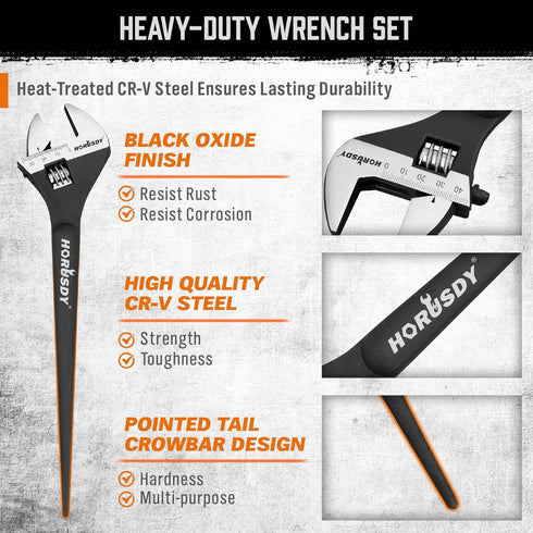 3-Piece Set, 10", 12", 16", HORUSDY Adjustable Spud Wrench CR-V Steel, SAE & Metric Scale, Black Oxide Finish, Heavy