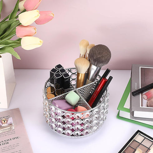 Hipiwe 360 4-Slot Crystal Vanity Organizer Makeup Brush Holder- Rotating Cosmetic Brushes Display Organizers Spinning