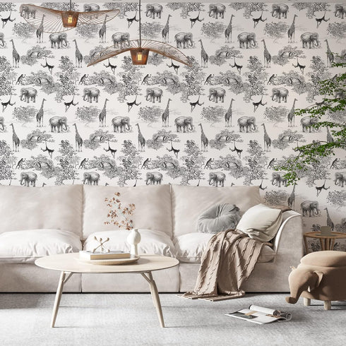 Peel and Stick Wallpaper for Kids Room, Giraffe and Elephant Black/White Vintage Contact Paper, 17.7 x 118.1