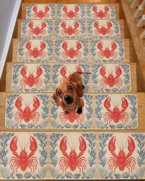 BOHOOSKYLAR 4 8"x30" Marine Life Stair Treads Lobster Shell Coral Ocean Indoor Non Slip Peel and Stick Stair Treads