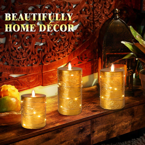 11-Button 24-Hour Da by Gold Flameless Candle, Battery-Powered Candle with Recessed String Light, LED Candle