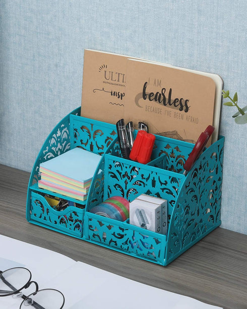 EasyPAG Desk Organizer Caddy with 6 Compartments and 1 Sliding Drawer, Dark Teal