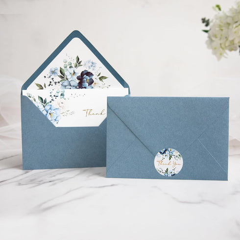 50 PACK 4x6 PONATIA Gold Foil Thank You Cards With Dusty Blue Envelopes, Floral Printing Greeting Cards With Adhesive