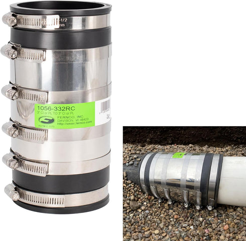 Fernco 3-inch XL Flexible Pipe Coupling Connector Fitting with Stainless Shield for Below Ground Plastic, Cast Iron,