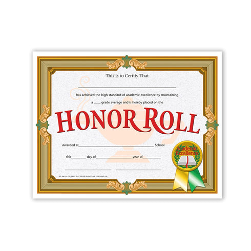 Hayes Honor Roll Certificate, 8-1/2 x 11 inches, Paper, Pack of 30