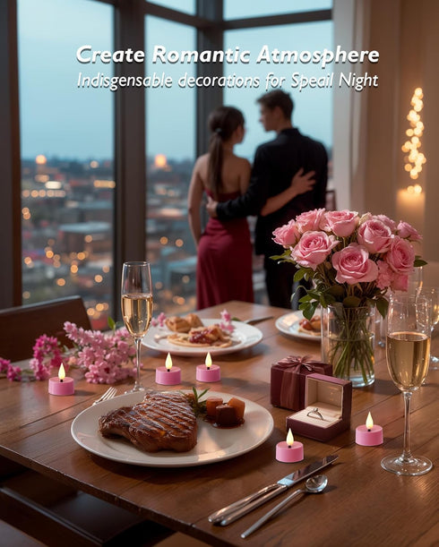 3D 300+Hour Set 24 Amagic Flameless Pink Timer Remote Tealights Candles, Black Wick Flickering Tea Light, Colored