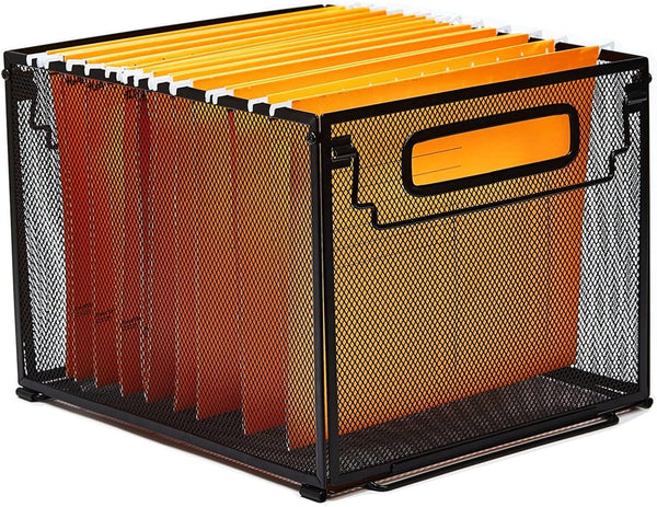 Letter-size Hanging File Folder Organizer, Metal Filing Crate, File Basket for Hanging Files, Black (Mesh Metal)