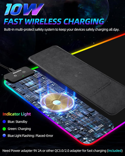 BosoChe 10W, 31.5"x11.8" 9 Wireless Charging RGB Gaming Mouse Pad Large Desk Mat, Light Modes, Non-Slip Rubber Base