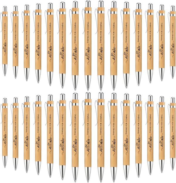 Fumete Wedding Bamboo Retractable Ballpoint Pen, 30 Pieces, Black Ink, Wooden Guest Book Pens for Bridal Shower