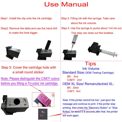 F-ink 6 in 1 Ink Refill Tools Compatible with HP Inkjet Cartridges 67XL 662XL 664XL 60XL 61XL 62XL 63XL 64XL 65XL 92XL