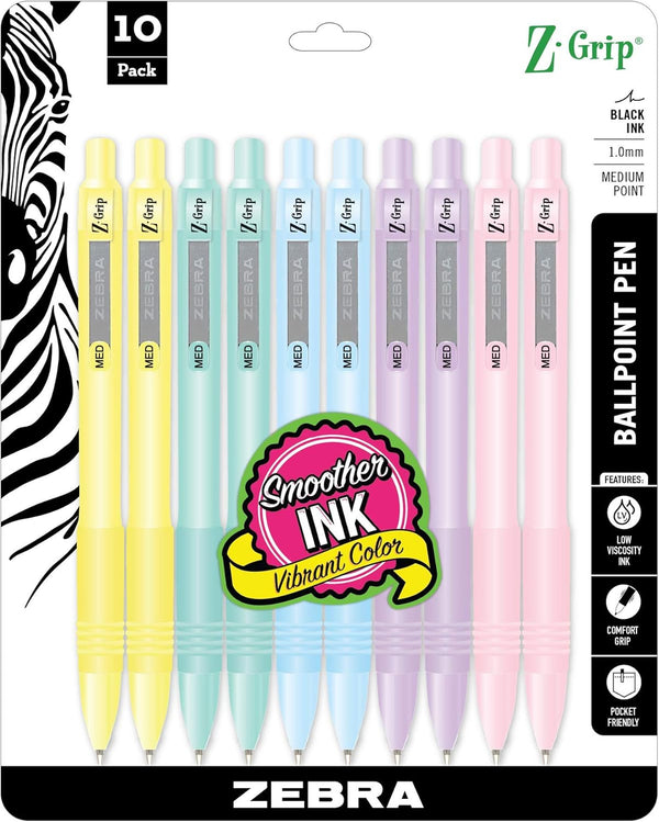 Zebra Pen Z-Grip Pastel Retractable Ballpoint Pen, 10-Pack, Assorted Color Barrel, Medium Point, 1.0mm, Black Ink