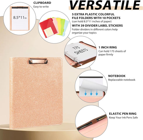 Ospelelf Leather Portfolio Folder - 3 Ring Binder with Storage Clipboard, Fits Letter Size Paper, Faux Rose Gold