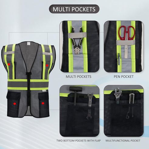 High Visibility Reflective Safety Vest with Zipper and Pockets Translucent Black