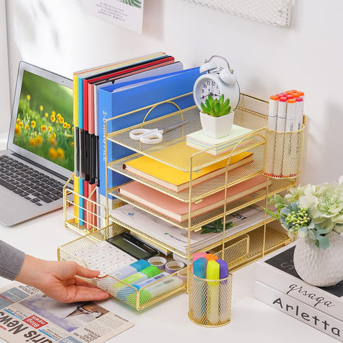 Marbrasse Rose Gold Desk Organizer - 5-Tier Paper Letter Tray with Drawer and 2 Pen Holder, Mesh Desktop Storage