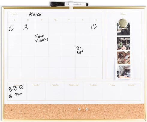 U Brands 4-in-1 Dry Erase Calendar Planner Board with Gold Frame, Office Supplies with Marker and Magnet (16” x 20”)
