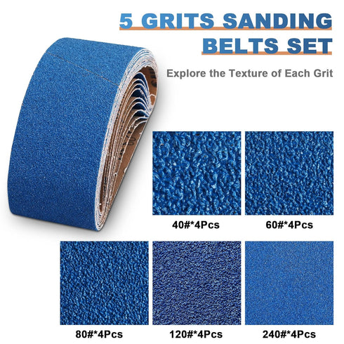 3x21 Belt Sander Sanding Belts Kit, 20 Pcs (4 Each of 40, 60, 80, 120, 240 Grits)