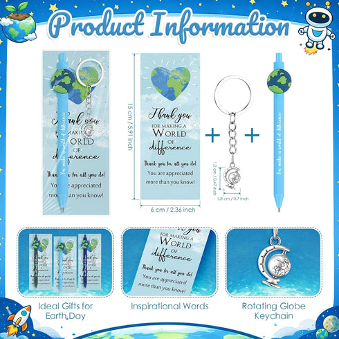 75 Geyoga Pcs Earth Day Gifts Bulk Retractable Earth Pens Rotating Globe Keychain with Inspirational Thank You Cards