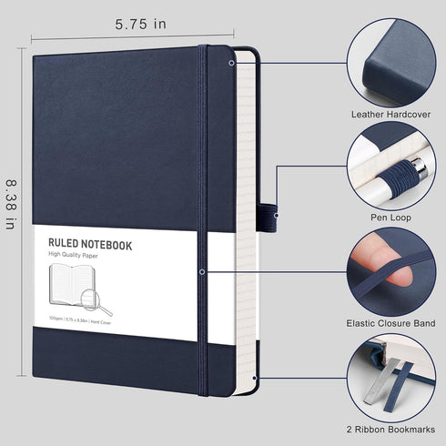 RETTACY Journaling Notebooks 2-Pack - A5 Notebooks College Ruled with 192 Numbered Pages per Pack, for Work, School, 100 GSM Acid-Free Paper, Leather Hardcover, 5.7" × 8.3" (Black & Blue) by RETTACY