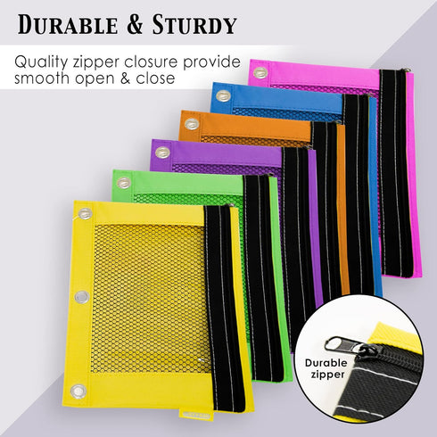 BAZIC Bright Color 3-Ring Pencil Pouch with Mesh Window